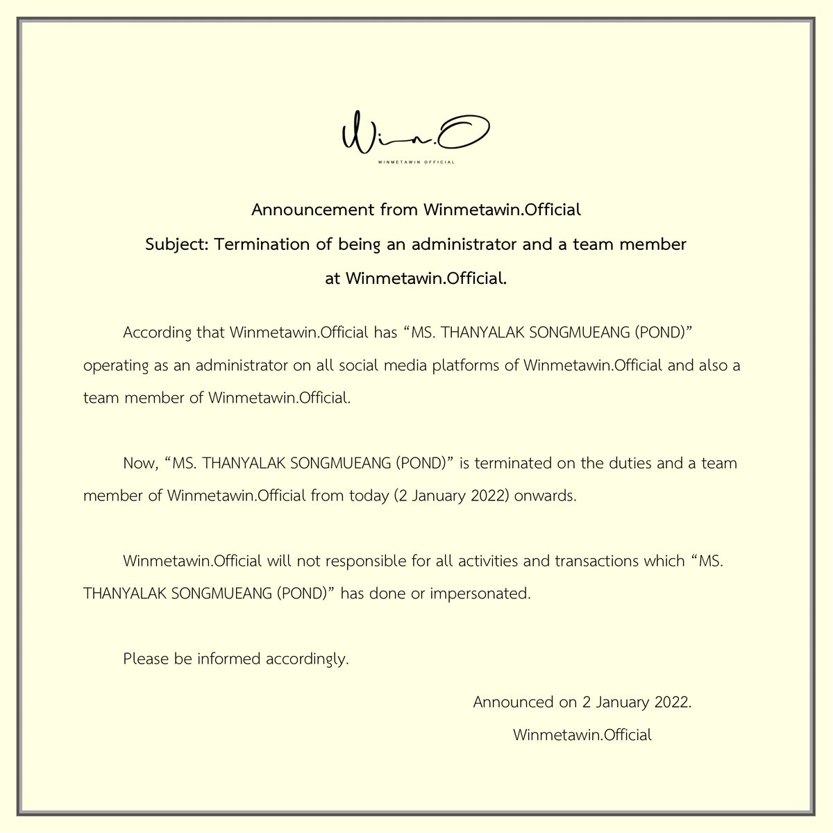 WinmetawinO's tweet image. 📢 ประกาศจาก Winmetawin.Official

เรื่อง การพ้นสภาพแอดมินและทีมงานของ Winmetawin.Official

📢 Announcement from Winmetawin.Official

Subject: Termination of being an administrator and a team member of Winmetawin.Official.

#winmetawin