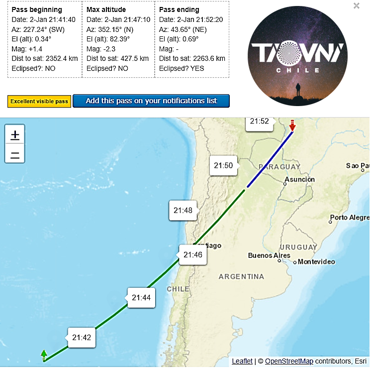 OvniChile1's tweet photo. ATENTOS AL CIELO ESTA NOCHE SKYWATCHERS ZONA CENTRAL DE CHILE 

A PARTIR DE LAS 21:42HRS  ESTE 02 ENERO  TRANSITO ESTACION ESPACIAL INTERNACIONAL #ISS
INICIO 21:42HRS MIRAR AL SUROESTE SECTOR CONSTELACION DE PAVO 

TERMINO 21:49 HRS NORESTE ENTRE CONSTELACION ORION Y CANIS MAJOR https://t.co/IwcK7hQW77