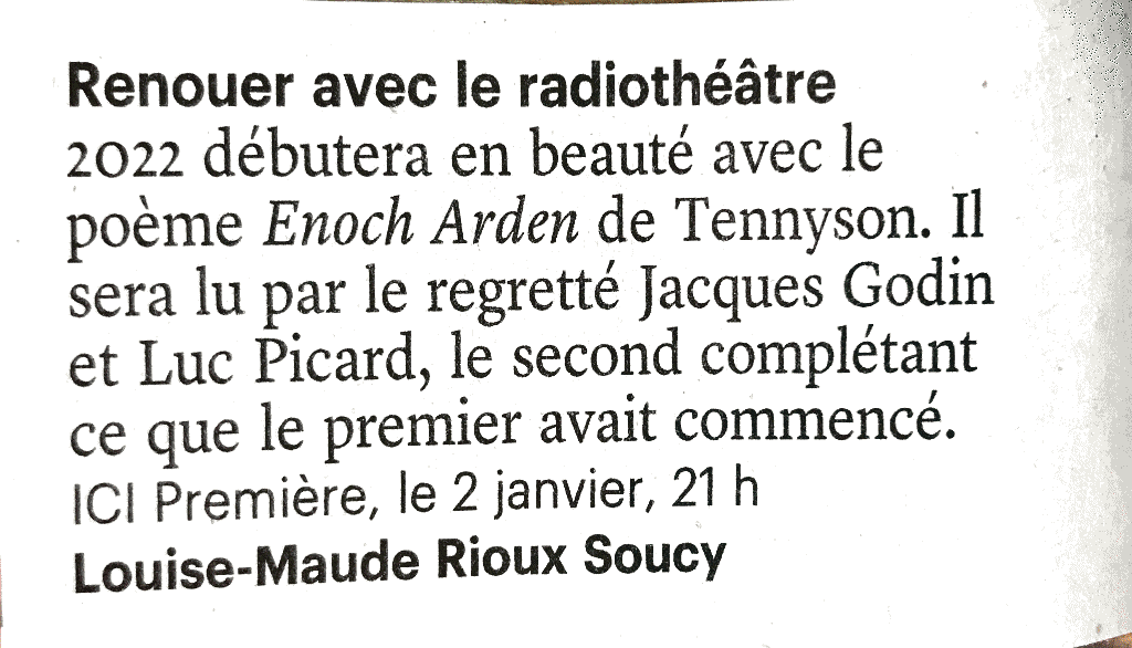 BrigitteBougie's tweet photo. Un radiothéâtre inédit ce soir :  Jacques Godin et Luc Picard dans Enoch Arden, accompagnés du pianiste Philippe Prud'homme à 21h, sur Ici Première. Réalisation: Laurier Rajotte. Rattrapage: OHdio https://t.co/8Mq1KyyqFp