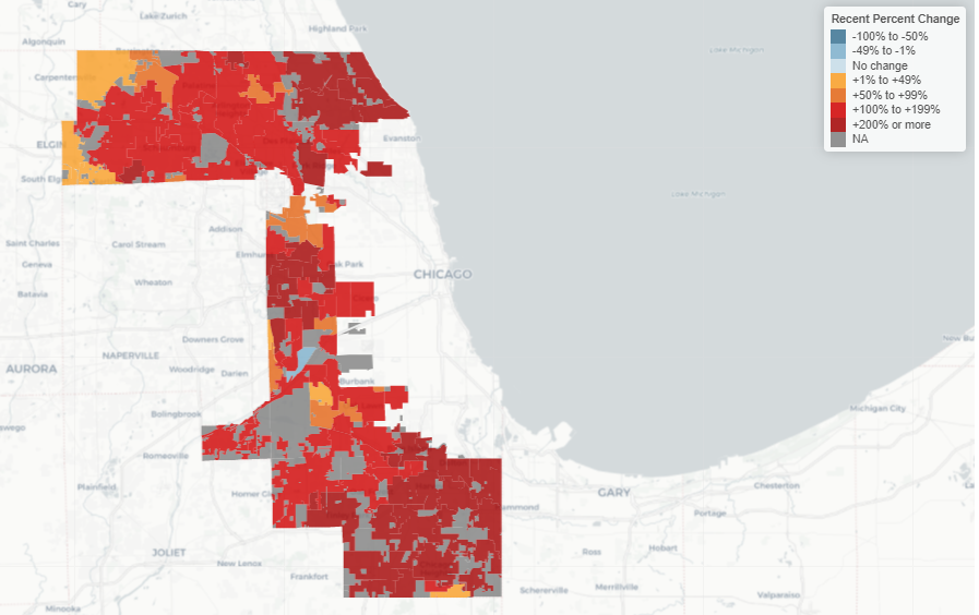 CookCoHealth's tweet photo. Cases are up all over suburban Cook County as Omicron spreads rapidly.  Red is bad; dark red is worse.

Please mask up, get vaccinated, and get the booster shot.

Get your town's stats at this link, under the "maps" tab: https://t.co/A18sxHVLTJ https://t.co/x1PnuxMKPt