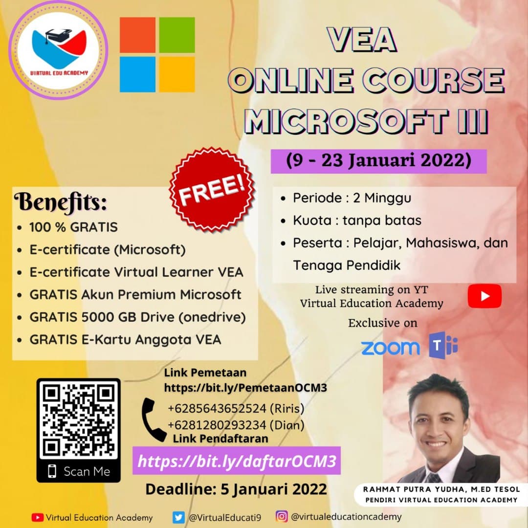 DYUNIARDI's tweet photo. Assalamualaikum, salam sejahtera
Dalam meyongsong Tahun ajaran baru @VirtualEducati9  bekerjasama dengan Perusahaan Microsoft, akan mengadakan Online Course Microsoft III

Link Pemetaan = https://t.co/WUBG8QThcy 
Link Pendaftaran = https://t.co/OAvU3bmogo https://t.co/wHrkuTZJtd