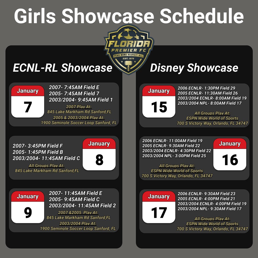 Time to kick the new year off right. Huge weekends ahead for our girls to play in front of college coaches. Player profiles to follow! <a href="/florida_premier/">Florida Premier F.C</a> <a href="/ECNLgirls/">ECNL Girls</a> <a href="/ImCollegeSoccer/">College Soccer Truth ™</a> <a href="/ESPNWWOS/">ESPN Wide World of Sports</a>