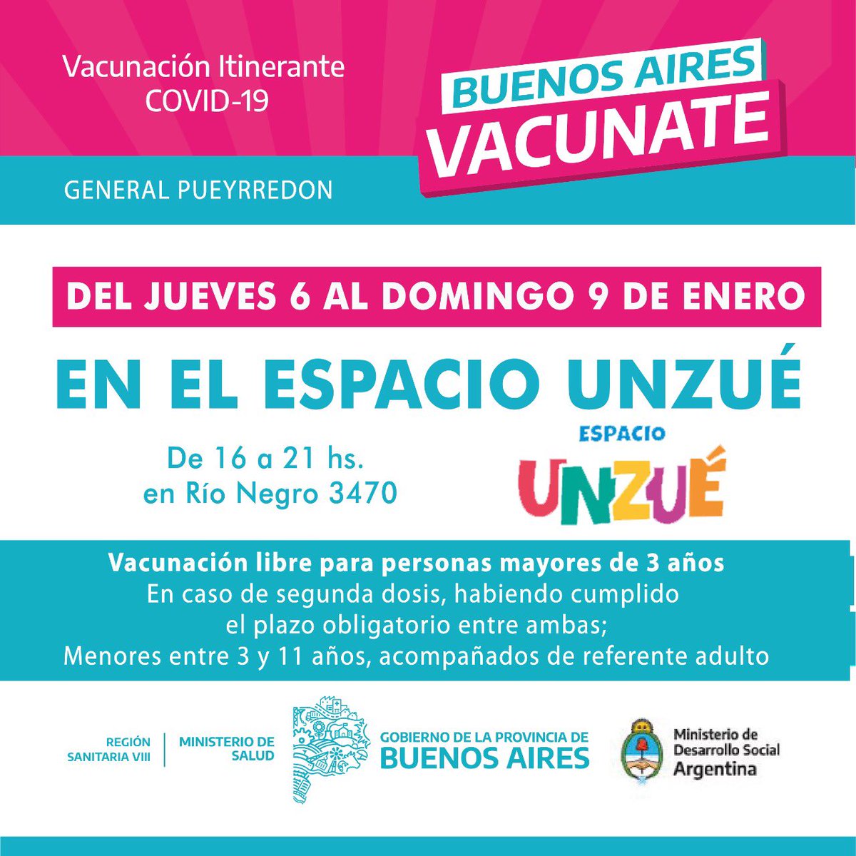 Nuevos vacunatorios en Gral Pueyrredon
Desde mañana se suman
Región Sanitaria VIII Independencia 1223 (lunes a viernes de 8 a 19.30, sabados y domingos de 8 a 14)
Plaza Mitre y Punta Mogotes (L a Sab de 10 a 15)
Unzué, de Miércoles a Domingos de 16 a 21 (arranca el jueves 6/01)