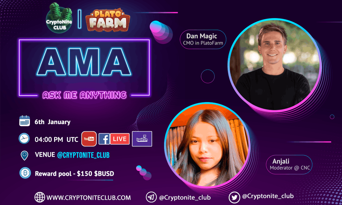 Next AMA ! #PlatoFarm 
 
🌟150$ Reward Pool 

📆6th Jan at ⏰ 04 :0 PM UTC  📍t.me/Cryptonite_club

📑To Enter 

✅Like RT Follow  <a href="/Cryptonite_club/">CryptoNite Club</a> <a href="/Plato_Farm/">Plato Farm</a> 

✅Leave Questions with these hashtags [#AMA #CNC  #PlatoFarm]

✅tag friends
 
✅Join -  t.me/platofarm