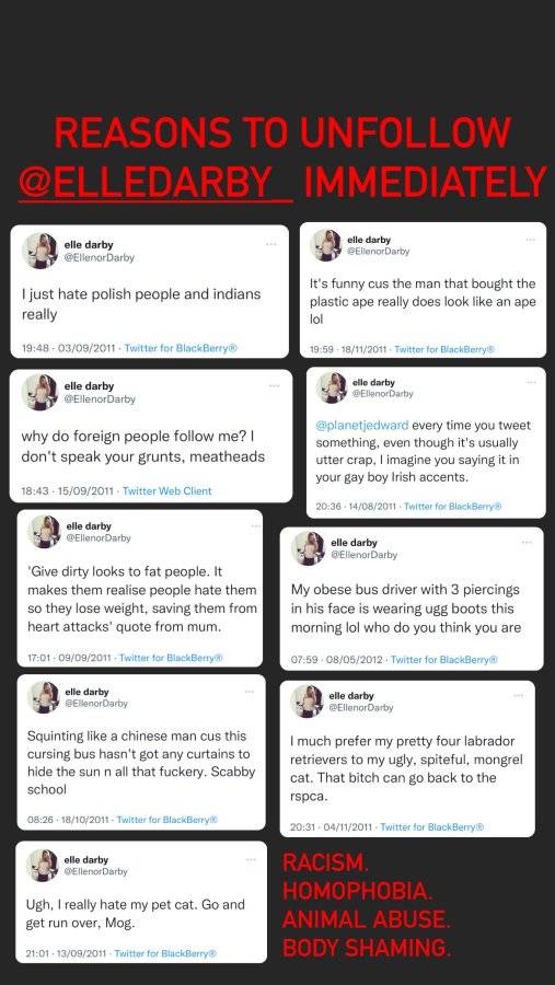 ZDaniellexo's tweet photo. Some #hateful comments and tweets from Elle Darby have recently surfaced.

Disgusting homophobic, racist and fat shaming hate comments have come to light. Here is just some of them.

#elledarby #connorswift #racism #RacismIsNotAnOpinion #youtube #Instagrammers #homophobic https://t.co/lTLXi50oJi