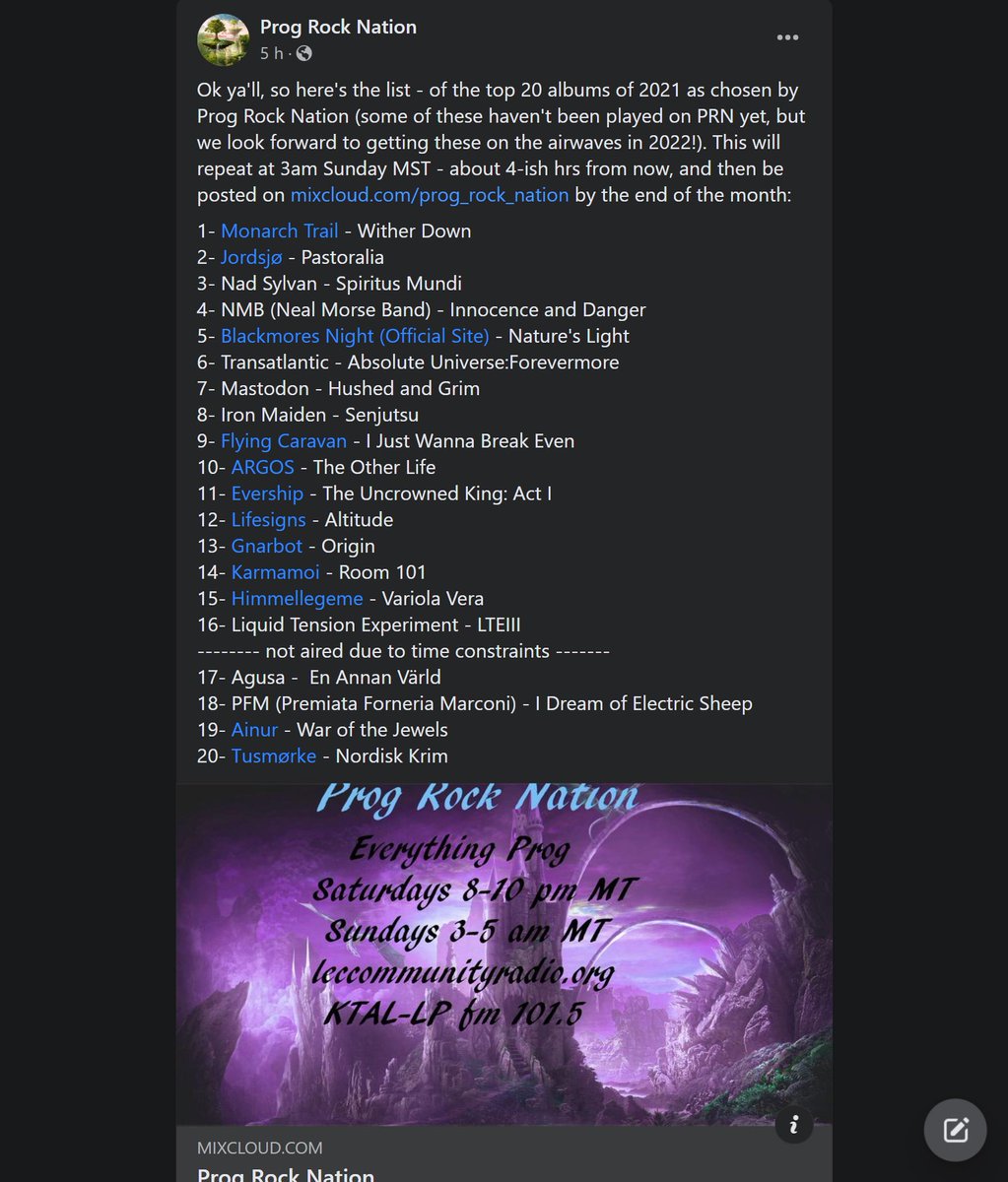 La emisora de Nuevo México en EEUU Prog Rock Nation acaba de publicar su Top 20 de álbumes de 2021 y nuestro I Just Wanna Break Even se encuentra en el puesto número 9!!! #theflyingcaravanalbum #ijustwannabreakeven #theflyingcaravan #ProgRockNation