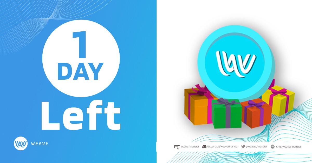 Weave_Crypto's tweet photo. there is only 1 DAY LEFT! to earn Free weave tokens on our platform! 🤩
don't miss your chance! start earning #Weave Tokens now!
at👉https://t.co/Ob6Q7jByX5 🚀
#BNB #ETH #Polygon #HECO_Chain #OEC @OECnetwork @cryptonairz #DeFi #cryptocurrency https://t.co/Y2HnECHPw5