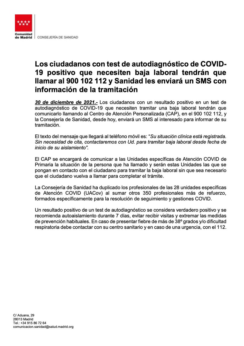 🚨 Recordamos 🚨

Los ciudadanos con #test de autodiagnóstico de #Covid_19 positivo que necesiten baja laboral tendrán que llamar al 900 102 112 y #Sanidad les enviará un SMS con información de la tramitación

Se puede hacer con carácter retroactivo 🙏🏻
