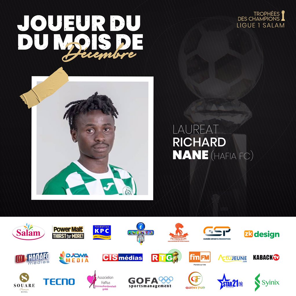 TropheesDC's tweet photo. #TrophéesDesChampions 

Auteur de 5 buts en 5 matches, dont un triplé en décembre, Richard NANE du Hafia FC est élu Joueur du mois de décembre.

Félicitations https://t.co/NfsKX4a9C8
