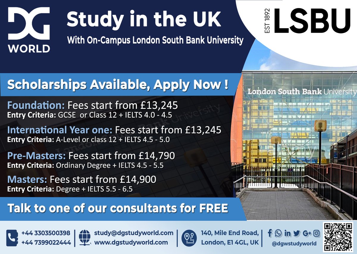 DGWWorld's tweet photo. London South Bank University was founded in 1892 and officially gained full university status in 1992. Practical education and employability are given a strong focus at the University, with its central London location providing close links to business and industry. https://t.co/bd9GRtOeBi