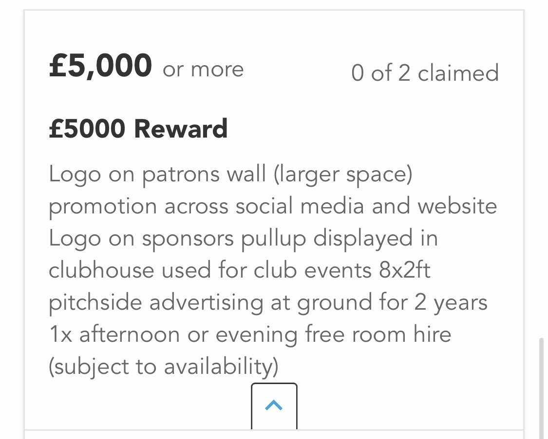 Sponsorship Opportunity 

£5,000 Sponsorship - Company logo on patron wall. Logo on sponsor pull up displayed used for club events. Company promotion across social media/club website. 8ft x 2ft pitch side advertising for 2 years. 1 x free room hire, subject to availability.