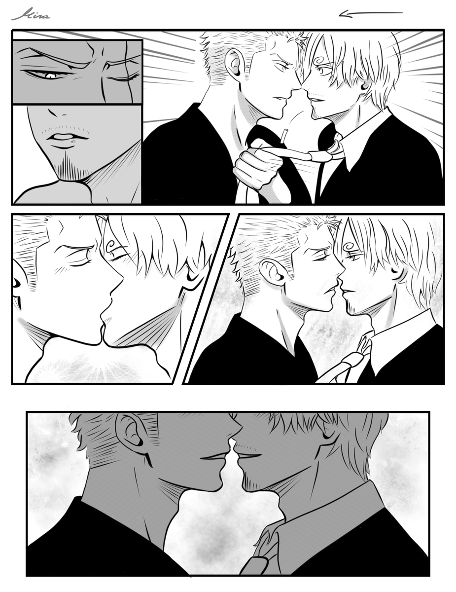 MatchaSanji's tweet photo. Admittedly late Secret Santa for 
@Zauberkohle

 (Sorry for the delay, thank you for the wait!)
Prompt was "After their first kiss, they can't look at each other". 
Honestly all the prompts were great, thank you ☺️
And happy new year!! 💚💛
#zosan #zsclubsecretsanta2021 https://t.co/yi8fenK6kV