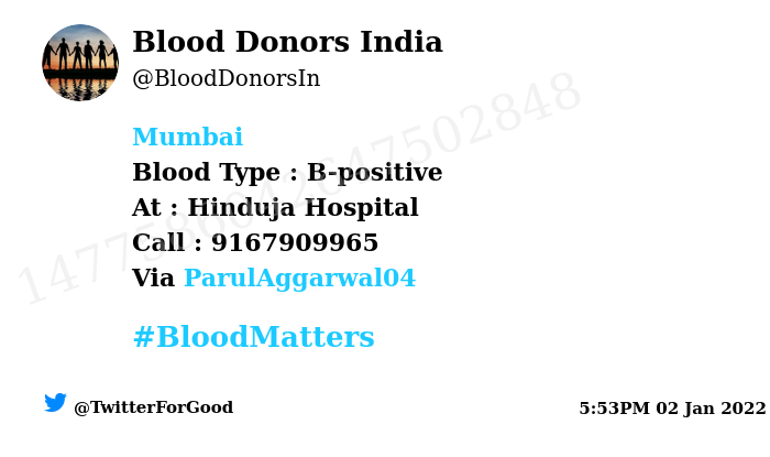 BloodDonorsIn's tweet photo. #Mumbai
Need #Blood Type :  B-positive
Blood Component : Blood
Number of Units : 2
Primary Number : 9167909965
Illness : Heart Surgery
Via: @ParulAggarwal04
#BloodMatters
Powered by Twitter https://t.co/DkkRRZY3Ts