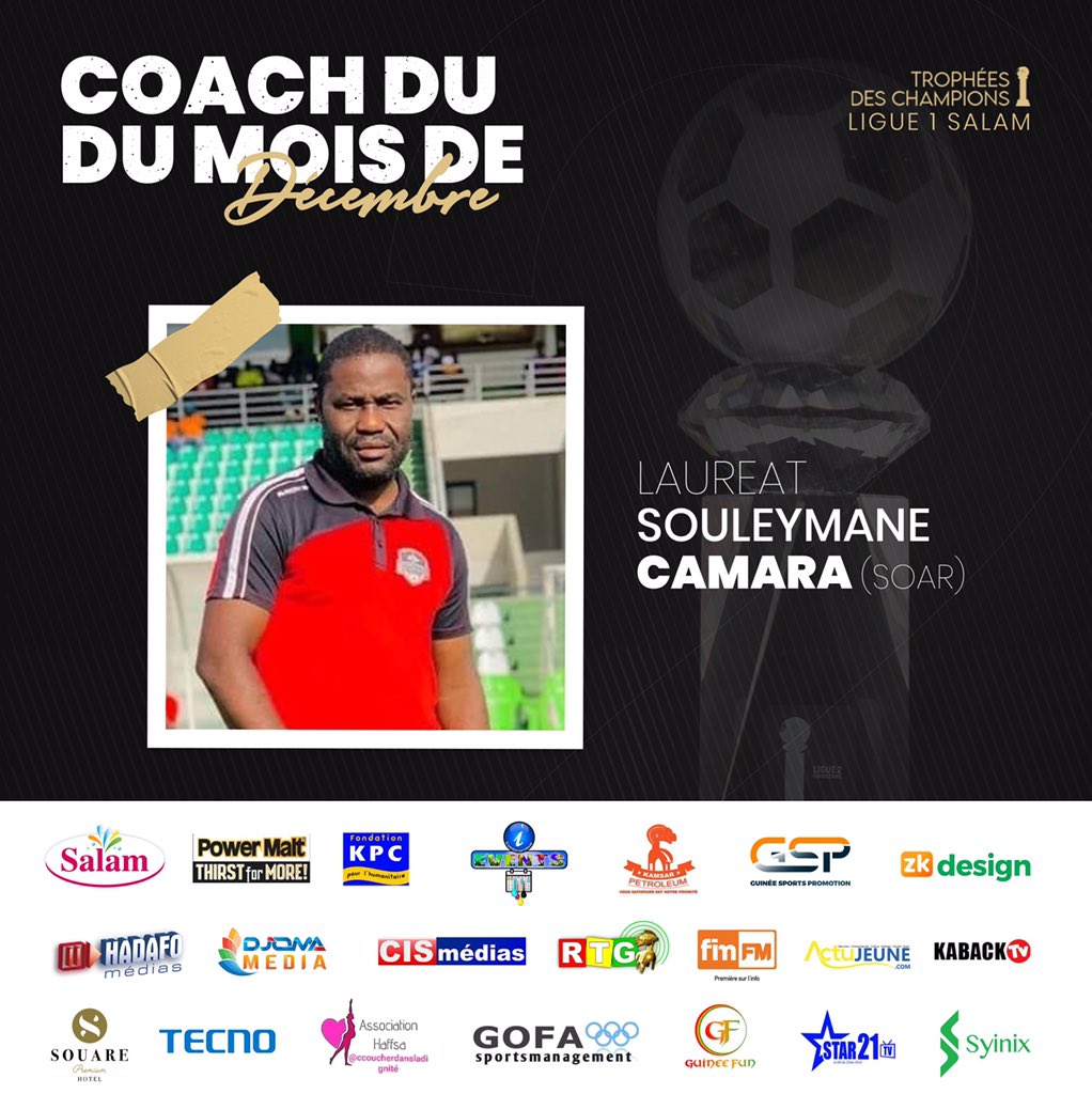 TropheesDC's tweet photo. #trophéesdeschampions 

Souleymane Abedi Camara, entraîneur du SOAR Académie, est élu "COACH" du mois de décembre en Ligue 1 SALAM. 5 matches dirigés, 3 victoires, 2 nuls.

Félicitations https://t.co/v2Ur1bxo8O