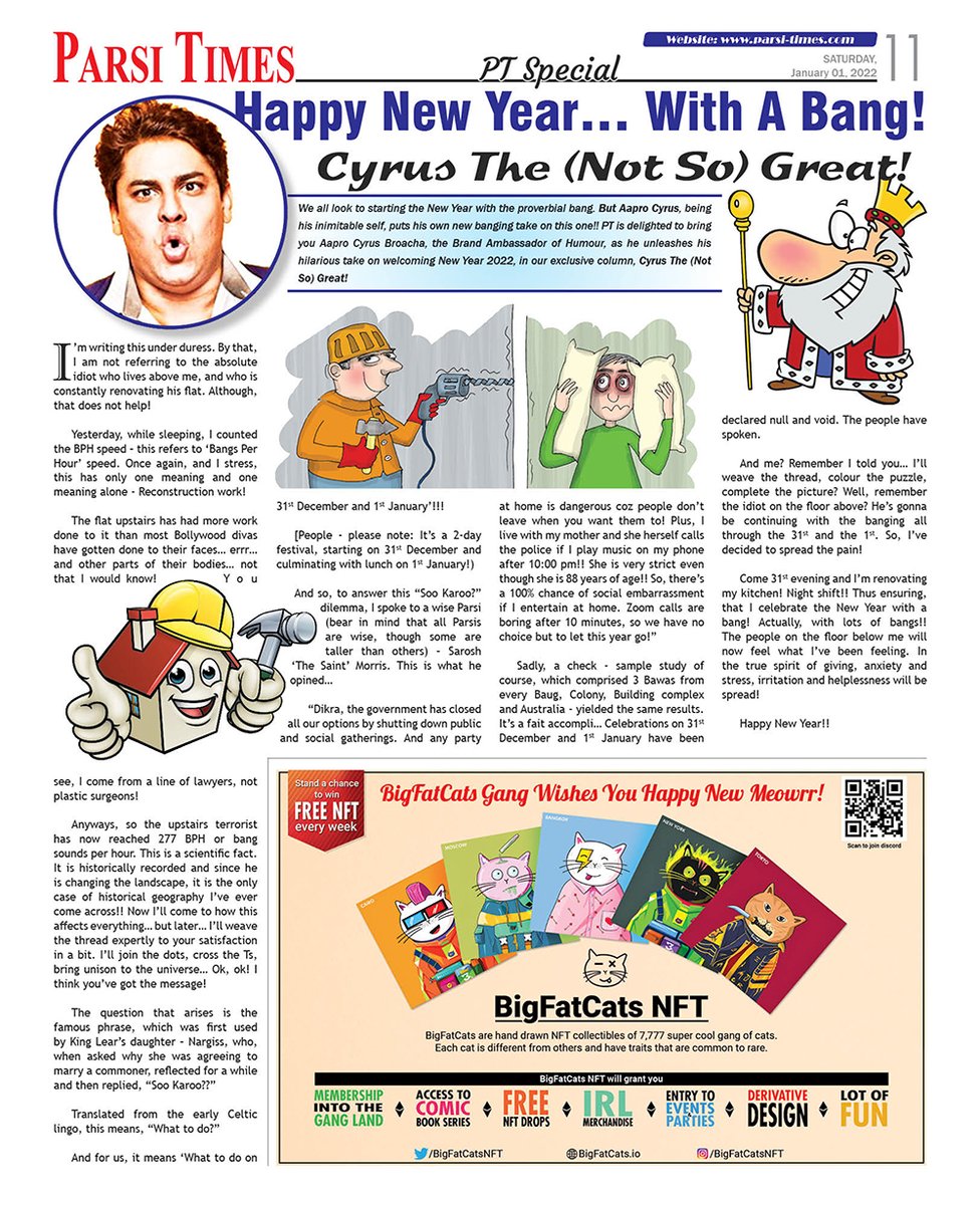 bigfatcatsnft's tweet photo. Proud to see @BigFatCatsNFT advertisement appear in Parsi Times, the largest Weekly News Bulletin for the Parsi community in India. 
https://t.co/ZX54xPHILT
thanks a ton @Jusf0kix 

This is just the beginning #NFTCommunity https://t.co/9GAFsGkzI3