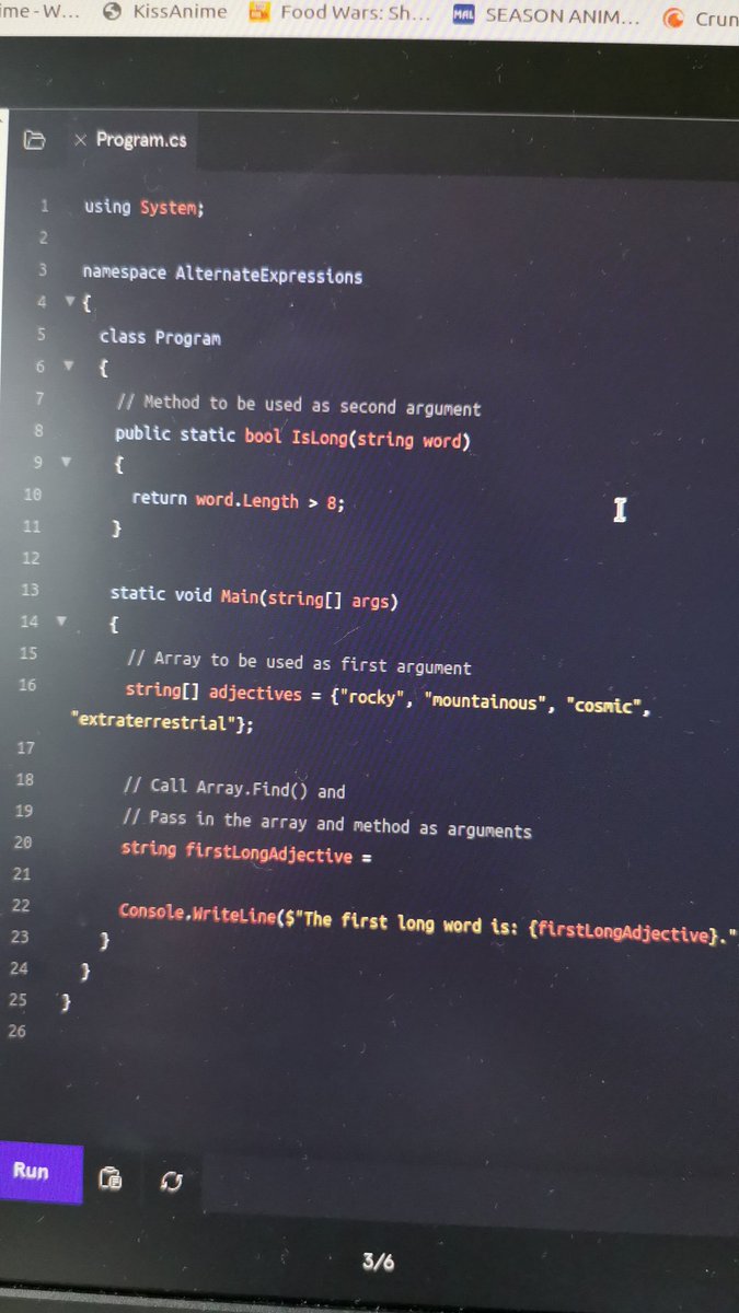 PyroLaura's tweet photo. Learning C# - arrow functions, very interesting that I can call a function before declaring it 😉 because the function has a compiler😁😁 who is doing all the thinking. I still prefer the syntax of curly brakets from JavaScript rather than in C#. #CodeNewbie #ForTheLoveOfCode https://t.co/ByvxADY5Hd