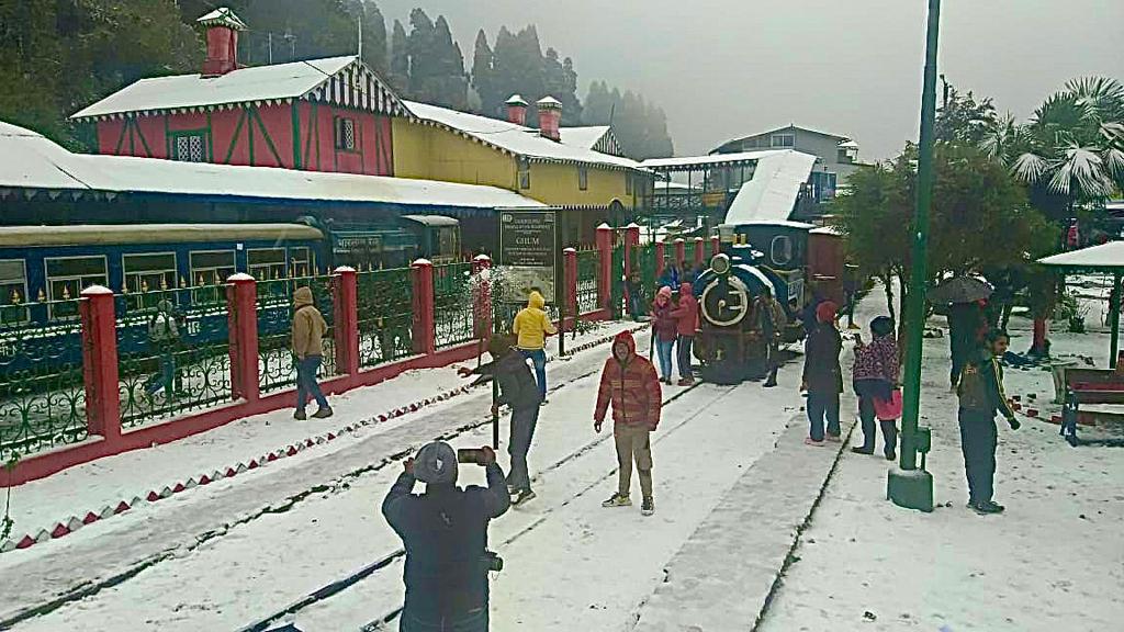 Snowfall at Ghum station of Darjeeling Himalayan Railways.