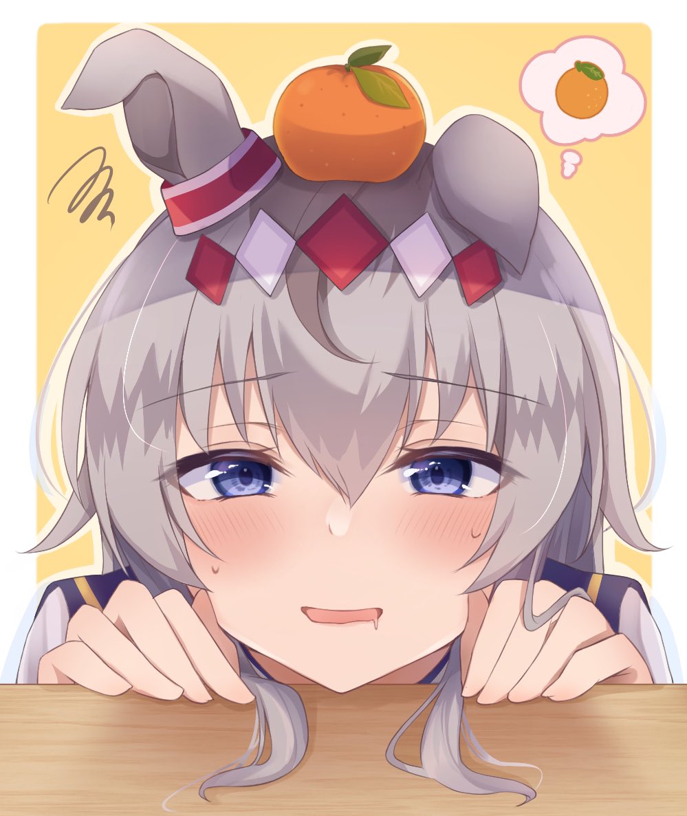 oguri cap (umamusume) 1girl animal ears horse ears solo food grey hair fruit  illustration images