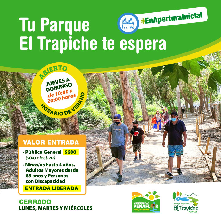 MuniPenaflor's tweet photo. 😀Atención❗Hoy Parque #ElTrapiche abierto. Horario de verano de 10 a 20 horas, de Jueves a Domingo 👍.
Desde Enero 2022 Entrada General: $600
✴ Niñ@s hasta 4 años☑, adultos mayores de 65 años☑ y personas en situación de discapacidad: Entrada Gratuita ☑
#CuidaTuParque 🏞 https://t.co/1zA1E3yQ5S