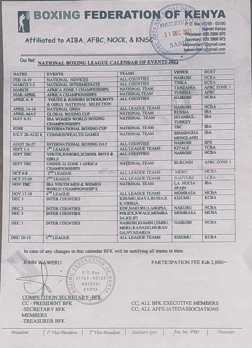 KenyaBoxing's tweet photo. BFK Local and International Boxing Events dates,hosts and venue for the year 2022.
#Ndondimashinani #BoxingUnites https://t.co/XBNHdosWst