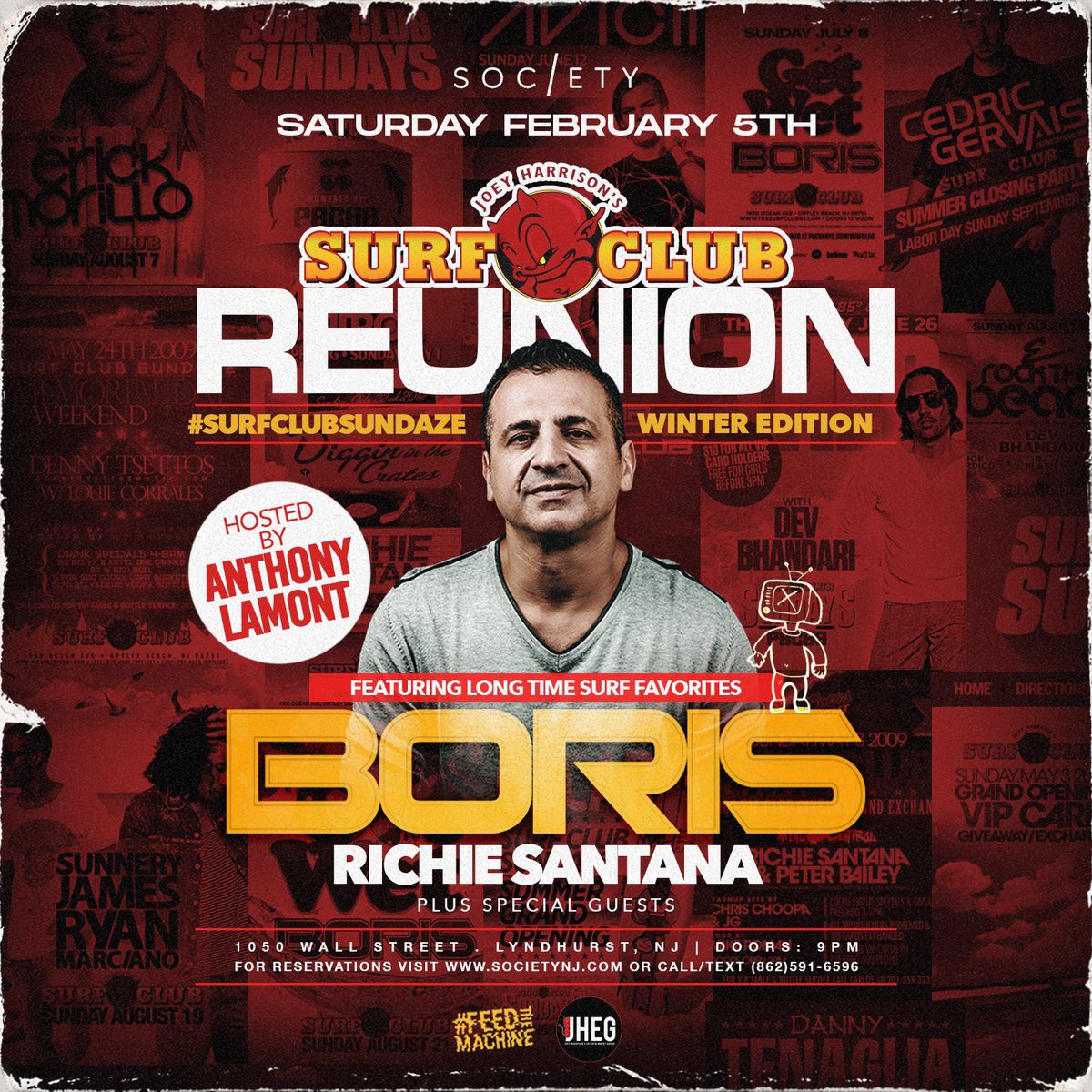 In our series of Joey Harrison's Surf Club Reunion Events, We would like to invite you to our #SurfClubSundaze Winter Edition Sat Feb 5 <a href="/societynj/">Society Lounge</a> bringing you Surf Favorites DJ BORIS &amp; Richie Santana w/ Host Anthony Lamont. $20 Adv Tix / Info / Tables posh.vip/e/society-surf…
