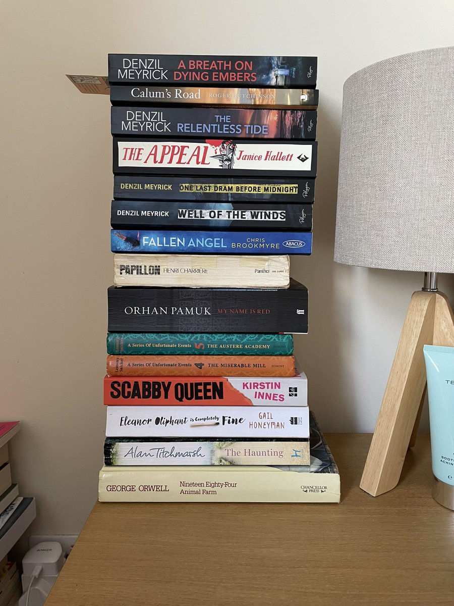 JoMo285's tweet photo. The 2021 reading stack - doesn’t include the legal tomes for the LLB! A mix of revisits and new. Mostly mine but two are borrows. Keeking in the corner is the TBR pile… 📚📚@Lochlomonden @cbrookmyre @kirstininnes #toomanybooksnotenoughtime https://t.co/zHBOuESKZk