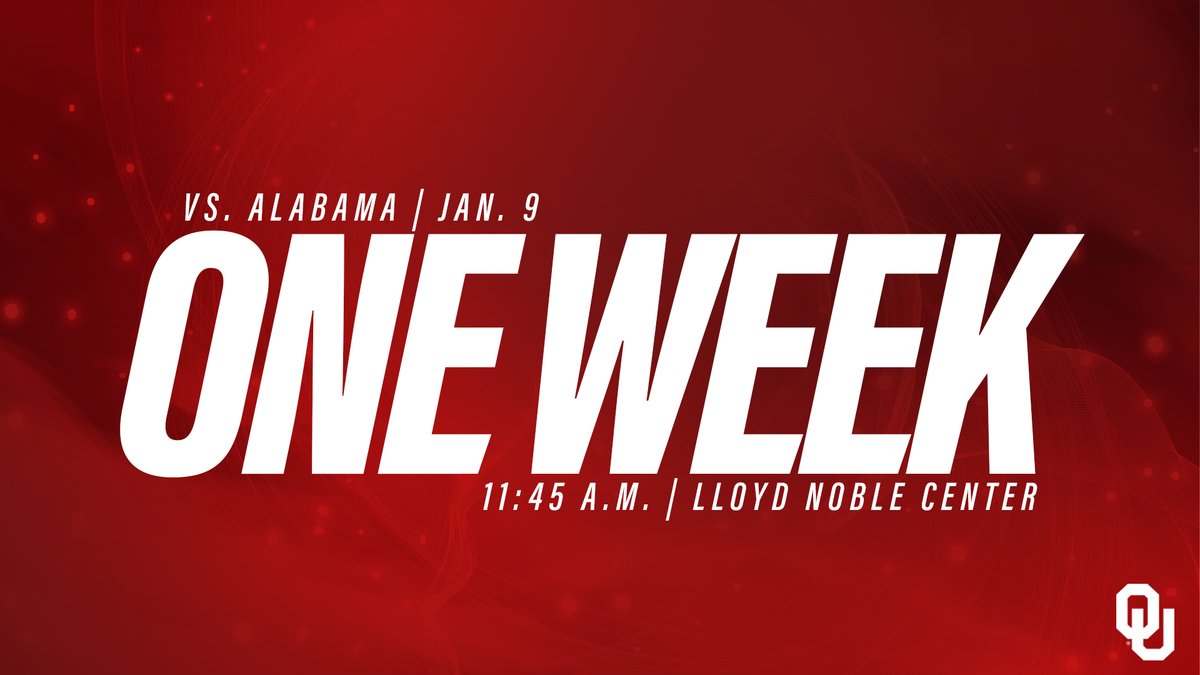One week until 𝐰𝐞'𝐫𝐞 𝐛𝐚𝐜𝐤.

🆚 » Alabama
🗓 » Sunday, Jan. 9
⏰ » 11:45 a.m. CT
📍 » Norman, Okla.
🏟 » Lloyd Noble Center
📺 » ESPN2
🎟️ » bit.ly/2YWEC7u