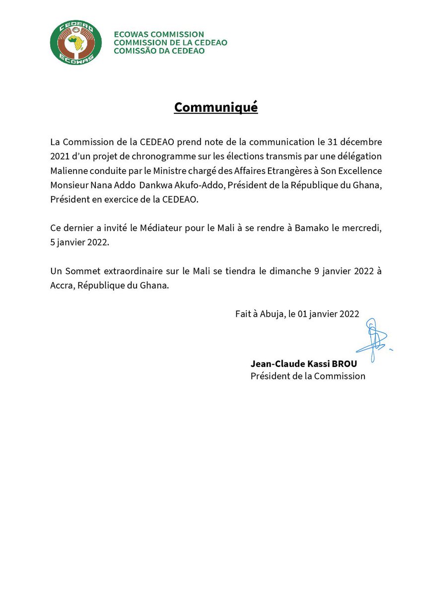 LeCombat2017's tweet photo. Le 09 janvier prochain sommet Extraordinaire de la CEDEAO sur le Mali. https://t.co/AXCEZvOG43