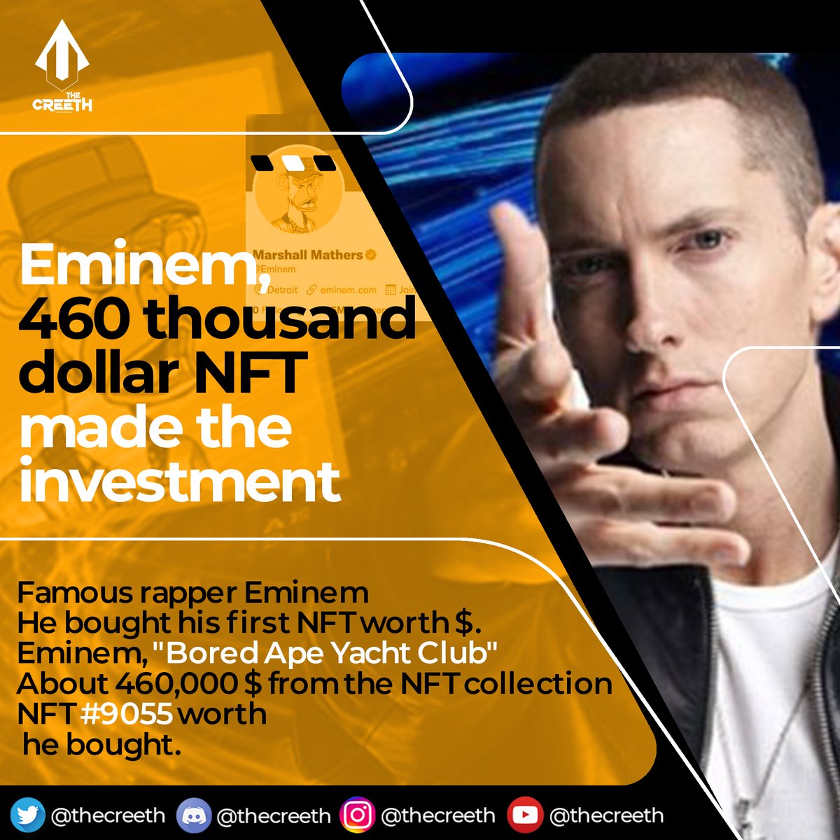 TheCreeth's tweet photo. The #NFT market is expanding. What do you think about this big investment made by world-renowned rap artist Eminem? // NFT pazarı genişliyor. Dünyaca ünlü rap sanatçısı Eminem'in yaptığı bu büyük yatırım hakkında ne düşünüyorsunuz? 

#NFTs #Eminem #BoredApe https://t.co/te39RKktAX