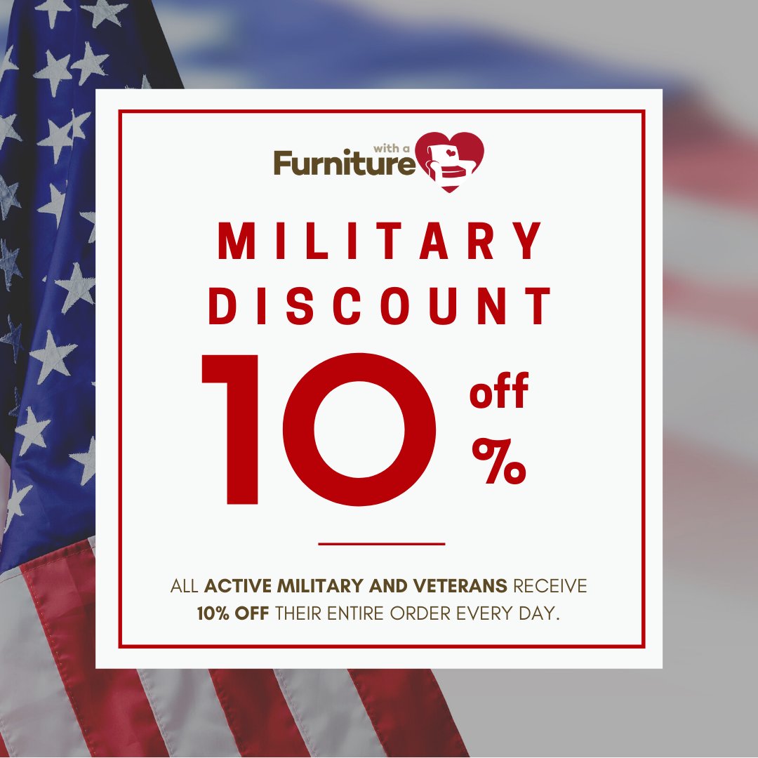FurnitureWHeart's tweet photo. As of the first, Furniture with a Heart now offers a 10% MILITARY DISCOUNT! ❤️💙🤍  

Any active duty, reservist, or veteran can receive 10% off their ENTIRE order.* We thank you for your service! ❤️

*Discount not applicable to new items. Must verify service with documentation. https://t.co/evuo5HFZXO