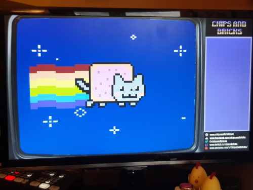 Burn-in test for the new hardware.. This one seemed fitting.

#demoscene #nyancat #c16