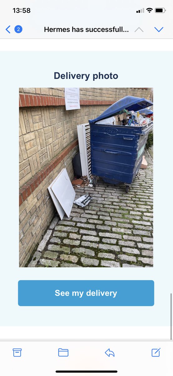 BakingWithAimee's tweet photo. And the award for worst courier service in the world goes to @Hermesparcels (unsurprisingly…). Just been sent this delivery picture..this is on the floor by communal bins NOWHERE near my front door. And I’ve been in all day, so no excuse. Seriously, what the fuck? #hermes https://t.co/aDGIz05fmz