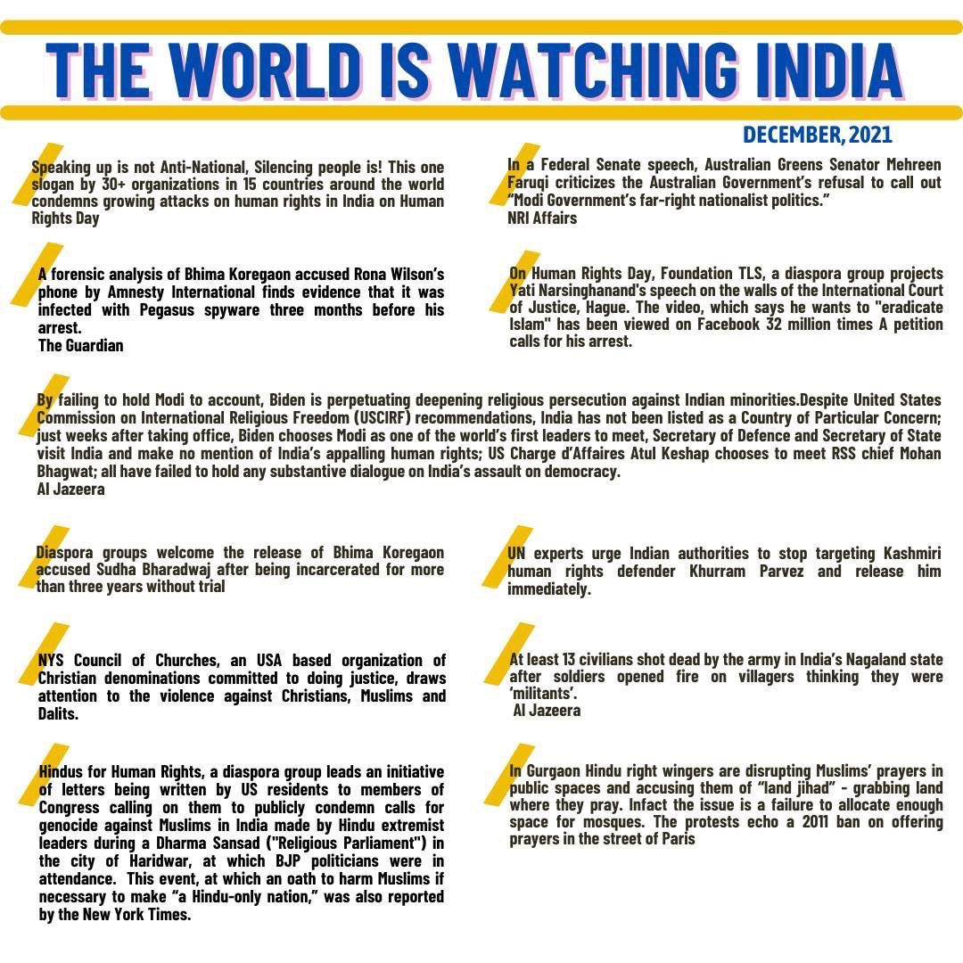 December Highlights - From diaspora groups welcoming Sudha Bharadwaj’s release to 30+ organisations in 15 countries condemning growing attacks on #humanrights in India on #HumanRightsDay; we take a look at the events that unfolded in December. #theworldiswatchingindia