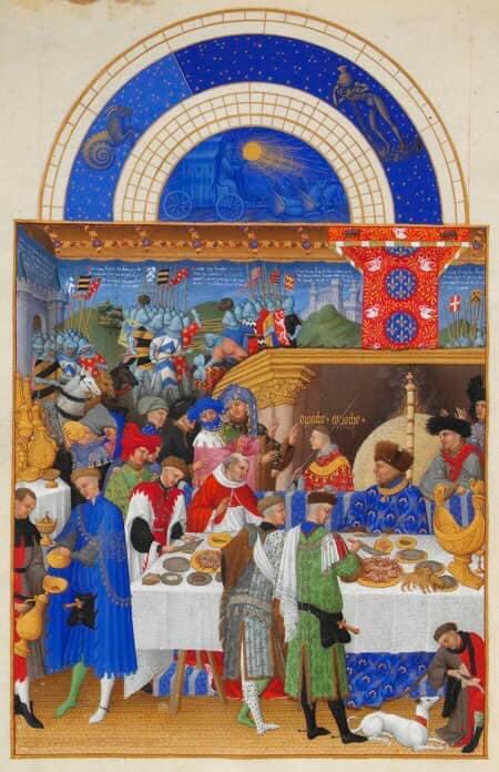 heritage_tales's tweet photo. Illuminated page for the month of January from Les Très Riches Heures du Duc de Berry (1416) - January was a month of giving and here we have John, Duke of Berry, giving gifts #medievaltwitter https://t.co/oYzJQI8jUt
