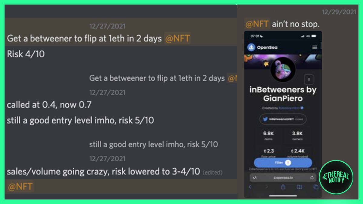 EtherealNFT_'s tweet image. Called at .4 ETH --> 2.3ETH
1.9ETH Profit ~ 7000$ Profit each 🤩
You want to join us?
Apply here: etherealnotify.hyper.co/waitlist
Next successful call will be posted tomorrow :)