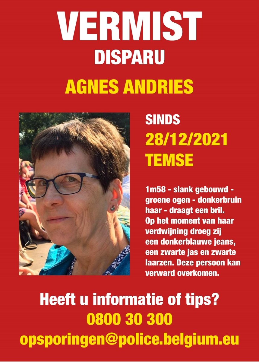 Agnes, de mama van <a href="/studio_caro/">Caro</a> is nog steeds vermist. Het is niet zeker of ze nog in Temse is. Het is dus belangrijk dat we dit zo veel mogelijk delen in België. 
Heb je haar gezien? Contacteer dan zeker de Caro of de politie op het nummer 0800 30 300. 🙏🏽