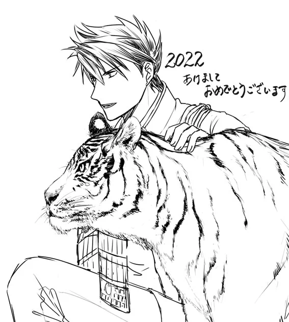 せっかく真面目に虎描いたから推しを描き足したら年賀絵になるやん!ってことで。 