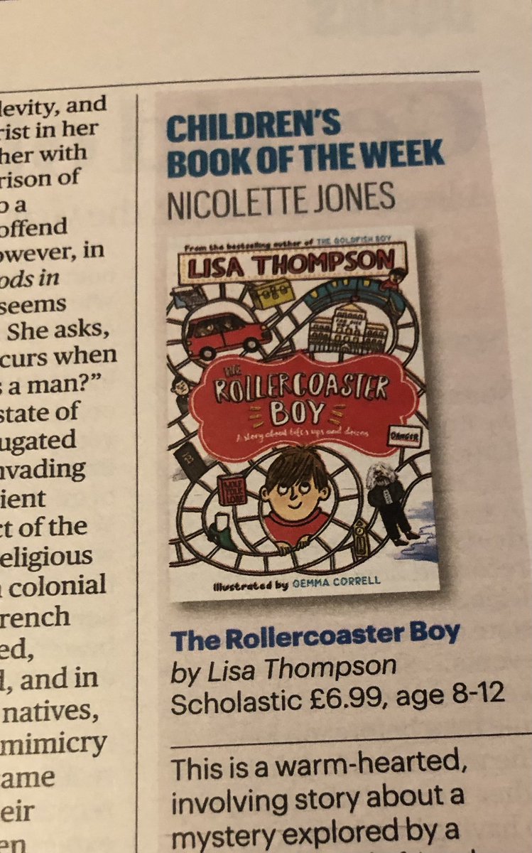 Brilliant to see #Rollercoasterboy by @lthompsonwrites picked by <a href="/NicoletteJones/">Nicolette Jones</a> for Children’s Book of the Week in the Sunday Times today. It’s a fabulous read! <a href="/scholasticuk/">Scholastic UK</a>
