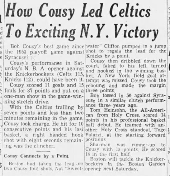 Bob Cousy scores 10 consecutive points in the final 2 minutes and makes a game-winner against the Knicks.

(Oct 29, 1956) https://t.co/kJ4UK9Hqvg