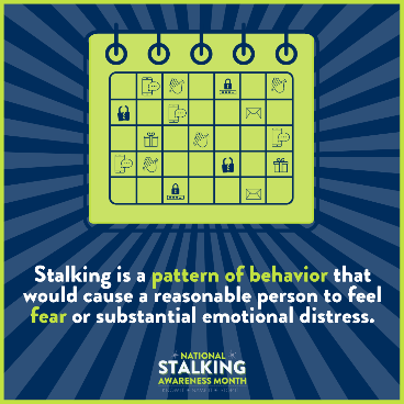 Stalking isn’t just a “one off” event – it’s two or more behaviors directed at a specific person (or persons) that cause fear. Those behaviors can be in-person, through technology, or some combination. #NSAM2022 #KnowItNameItStopIt