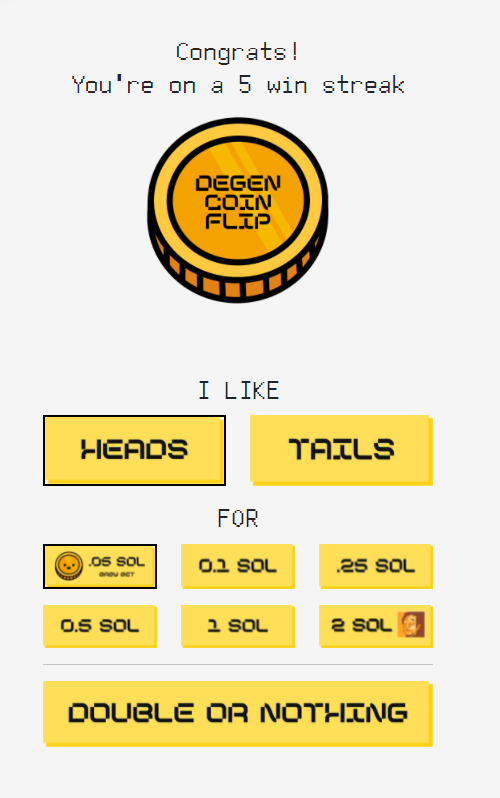 milesAKAmillz's tweet photo. NGL this is addicting @degencoinflip.

Up like 4 $SOL so far, I'm sure my luck will run out soon!

🤣🍀 https://t.co/D7J8kFyFkK