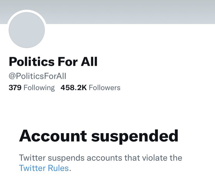 Dear @TwitterSupport, It’s very unnerving to see a large news channel like @PoliticsForAlI suddenly suspended — with no clear issue/warning/controversy being played out publicly first. What’s happening here?