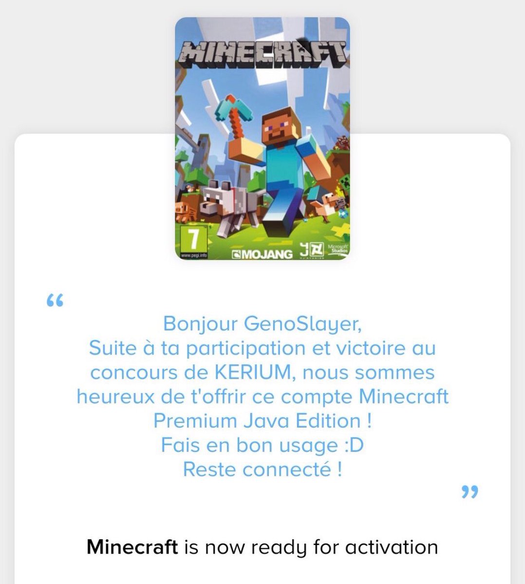 KeriumServer's tweet image. Le gagnant du concours à reçu aujourd’hui son compte minecraft premium💪🏻💪🏻
Rendez-vous bientôt pour un nouveau concours🎁

#Minecraft #kerium
