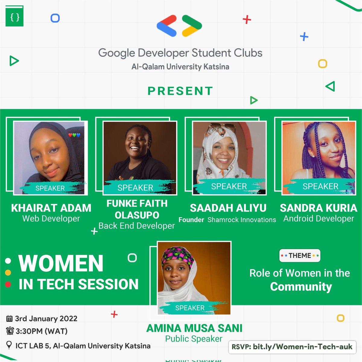 Women in Tech Happening tomorrow!
Have a look at our speakers.

<a href="/IAmSoosy/">Sa'adat Aliyu 💫</a> 
<a href="/OlasupoFunke/">Funke Olasupo</a>
<a href="/sandykuria/">Sandra</a> 
@khairy__a