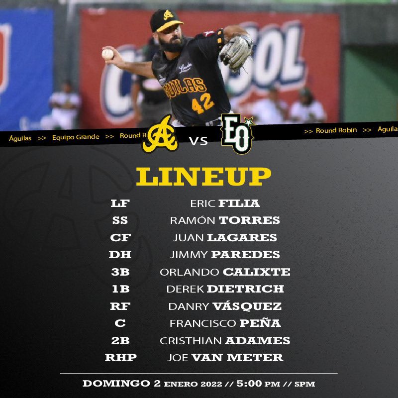 aguiluchos's tweet photo. #AguiPBP Feliz Nuevo Año!! Alineación para el partido de esta tarde 02/01/22 entre Estrellas y Águilas #ACvsEO #LIDOMRoundRobin https://t.co/PCkEtCuigR