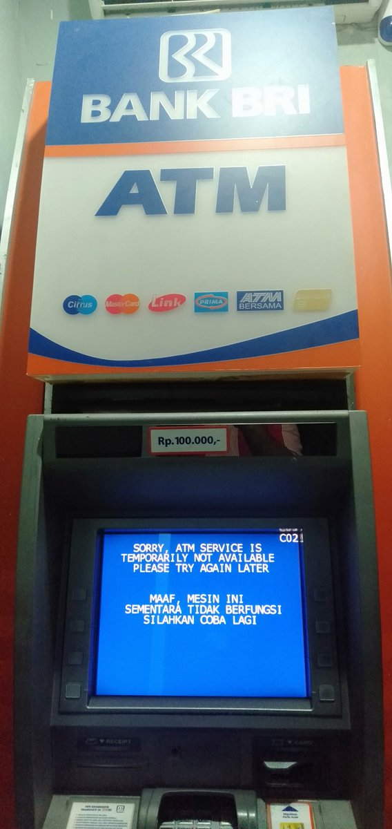 sugengseluma's tweet photo. Disaat sangat membutuhkan, ternyata hampir di semua ATMnya bertuliskan seperti ini...  Semboyannya apa yaa... 
@BANKBRI_ID https://t.co/hBhd9le1vI