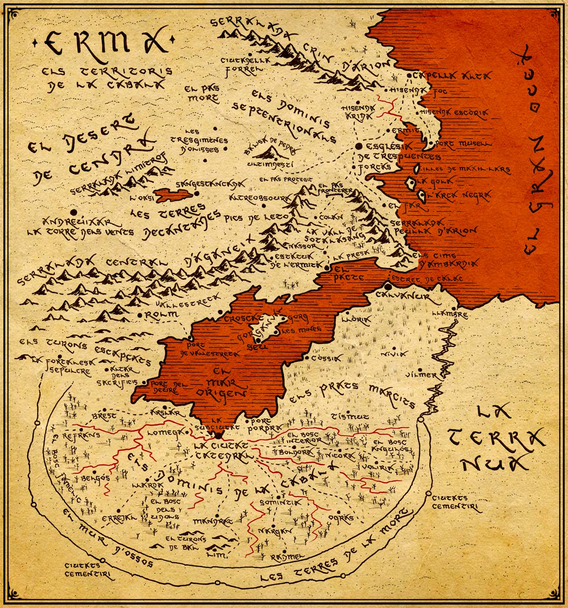 ElParadisMort's tweet photo. Benvingut a Erma, la terra on no es fa mai de dia i el mar i els rius són de sang. #literaturacatalana #llibresencatalà #fantasiaencatalà #darkfantasy #fantasymaps #fantasy #maps https://t.co/Xty6GwSa8h