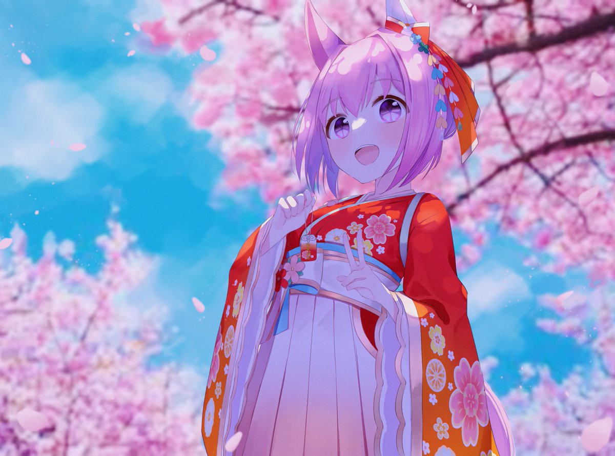 haru urara (umamusume) 1girl japanese clothes solo cherry blossoms animal ears kimono pink hair  illustration images
