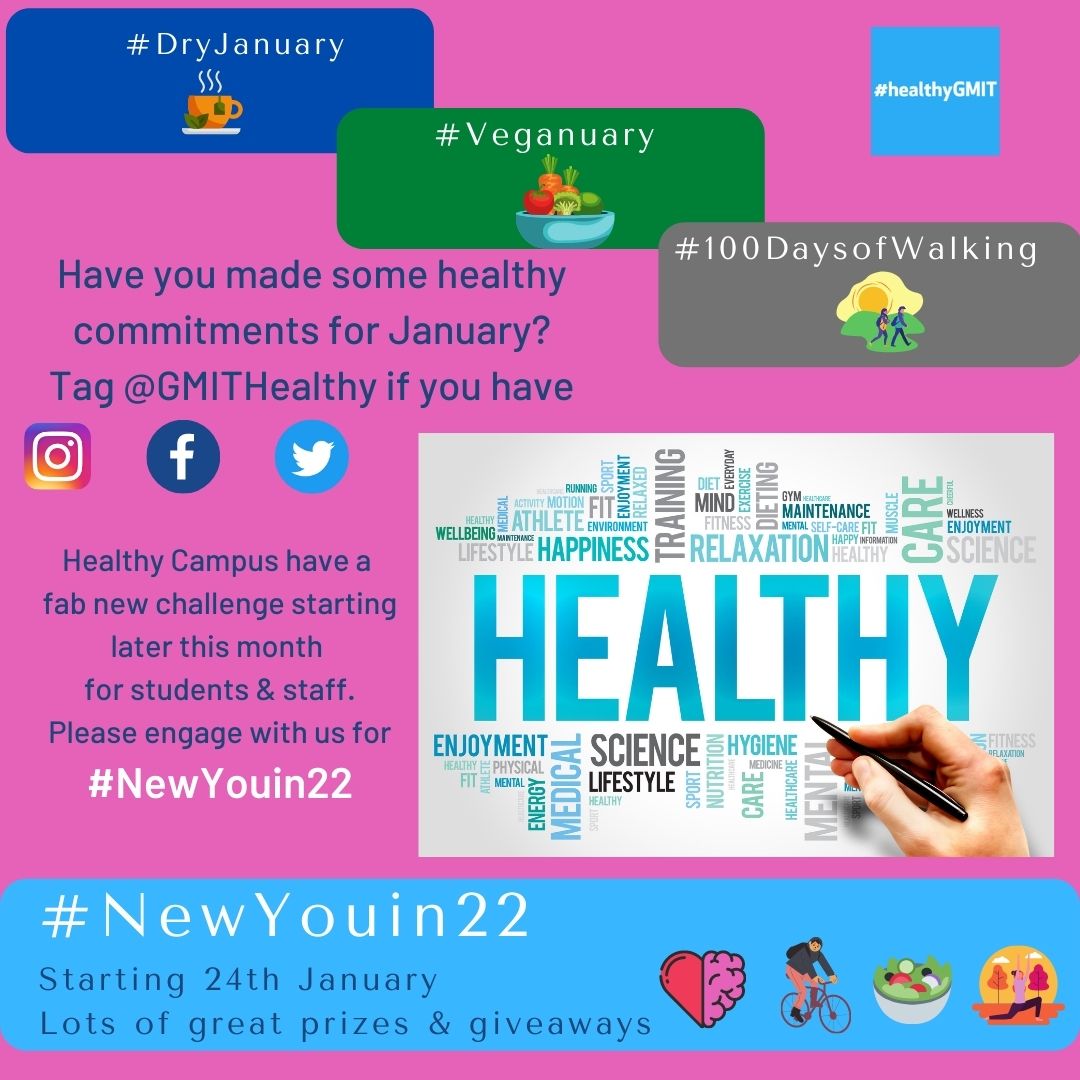 ATUHealthyGM's tweet photo. Have you made some #healthycommitments for #January? #GoodOnYou if you have. Tag @GMIThealthy to show us what you are doing? For those that love a #Challenge, we have a great one starting on 24/01. Join us for #NewYouin22. @GMITOfficial @GMITSU @GMITLetterfrack @GMITMayoCampus https://t.co/BK2SVyS5RU