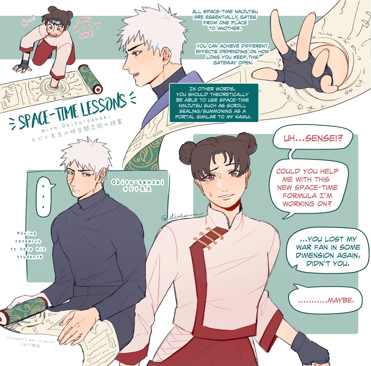 Space-Time Lessons with Obito-sensei! 🌌✨

Tenten's natural affinity for space-time means there are endless possibilities for her to explore. She likes to experiment with the help of Obito, who I imagine is actually quite a thoughtful mentor (despite how grumpy he looks) 